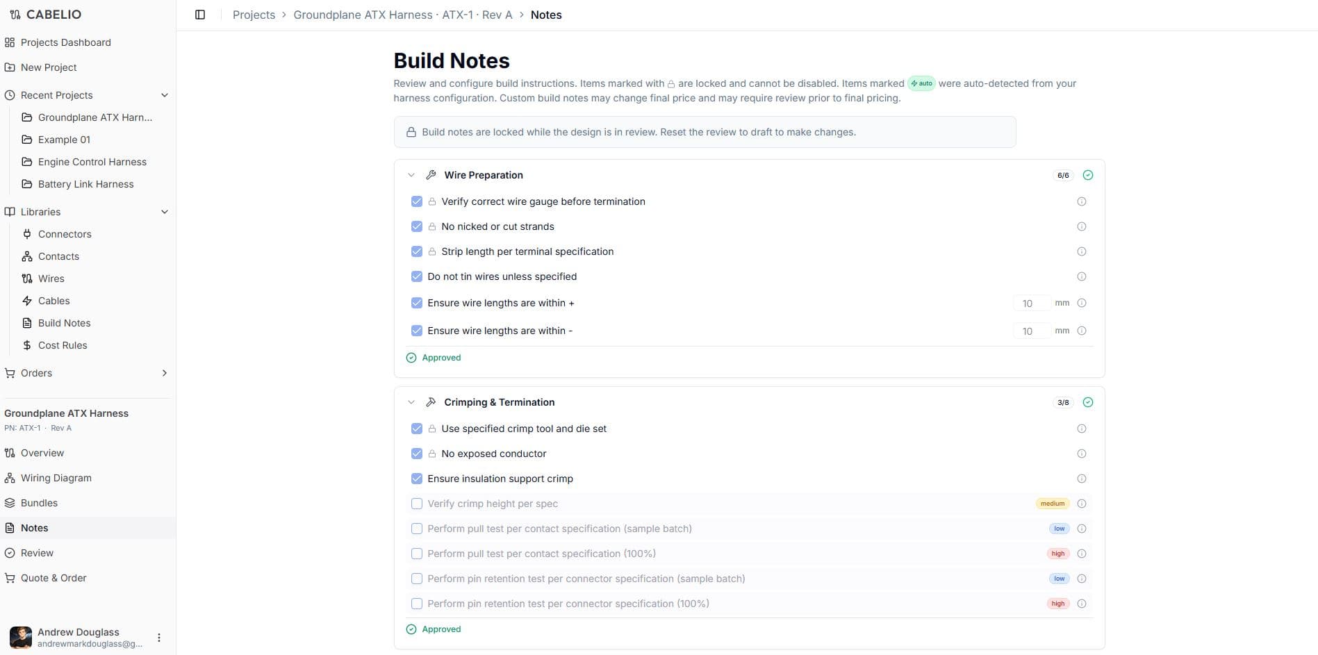 Cabelio build notes view.