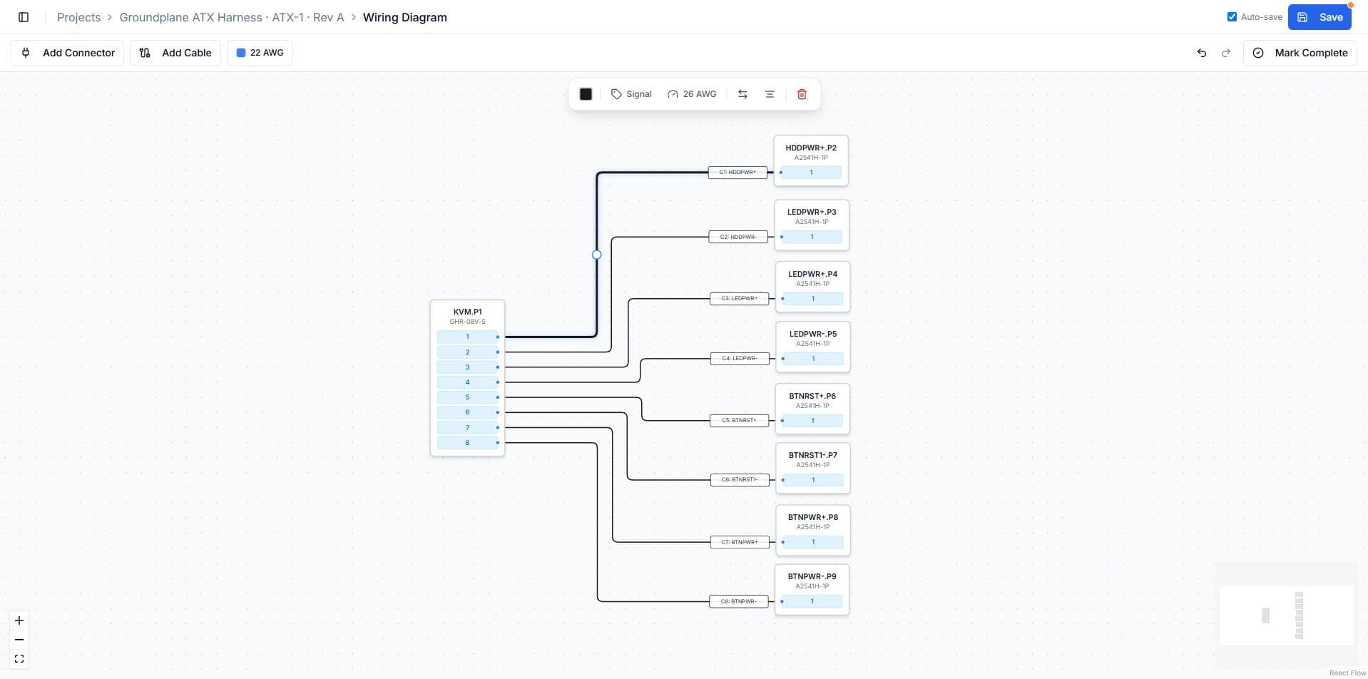 Cabelio connection diagram view with drag-and-connect pin mapping.