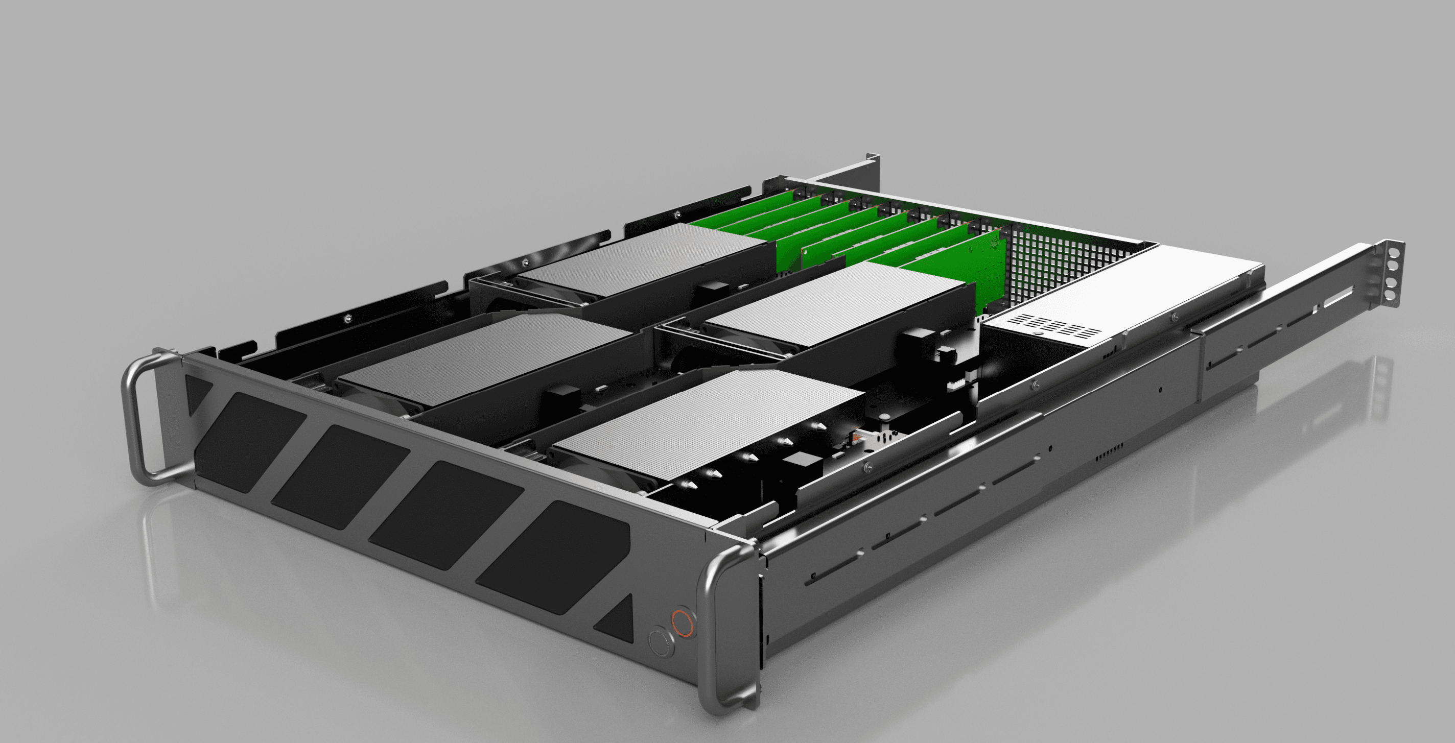 8-node 2U gaming chassis with the top removed, showing eight compute nodes and their cooling.