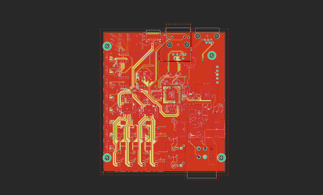 PCB layout of the KVM controller showing high-speed routing in yellow on a red board.