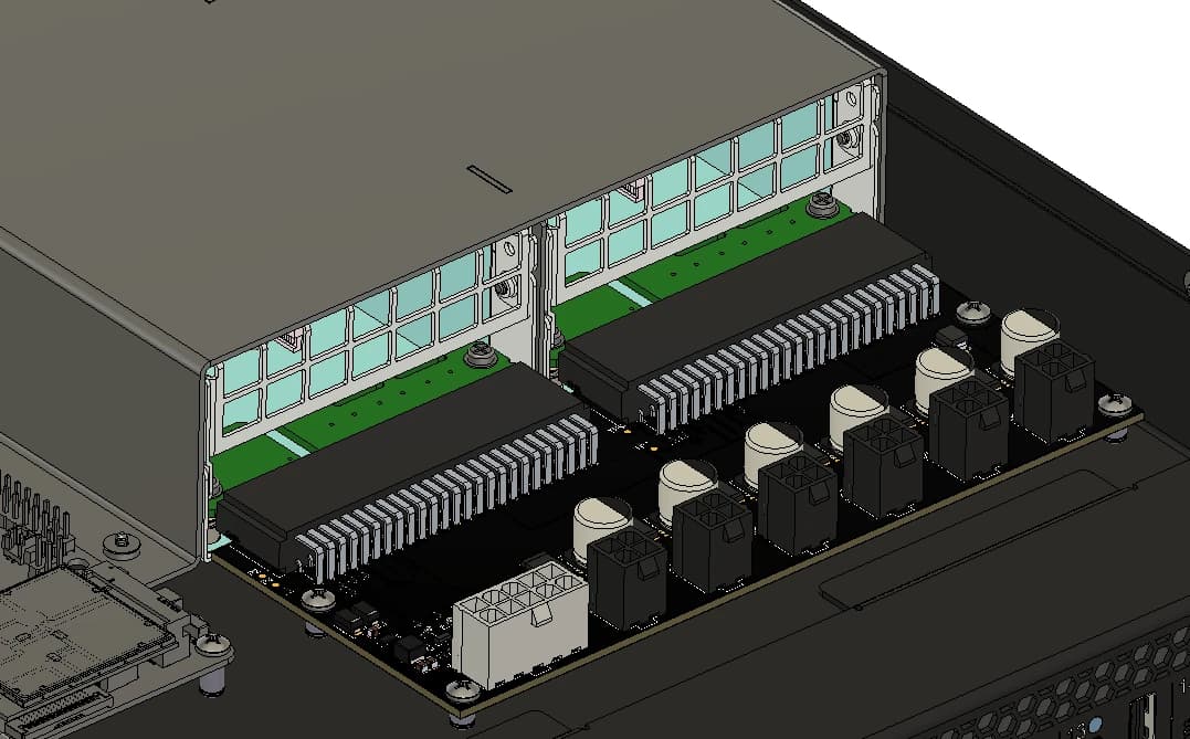 CAD view of the CRPS backplane in its enclosure, plugged into two CRPS power supplies.
