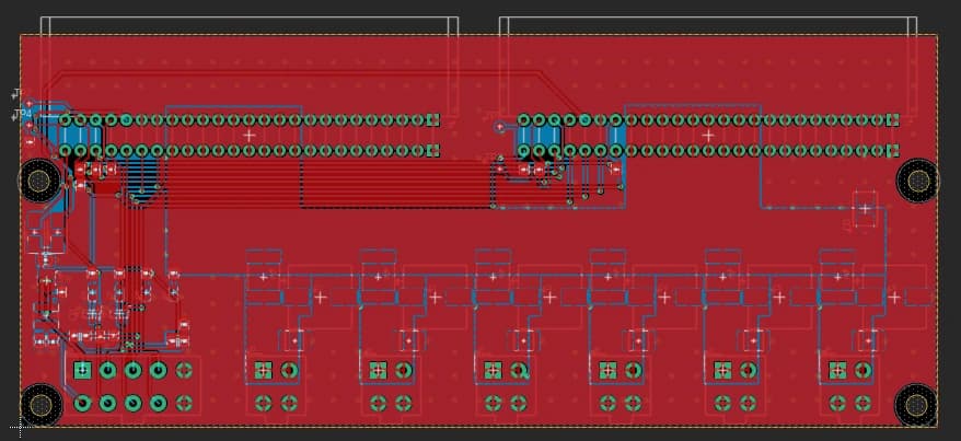 Routed two-layer layout of the CRPS backplane in Fusion: bus lanes beside the 12 V pour, GND pours and stitching vias.
