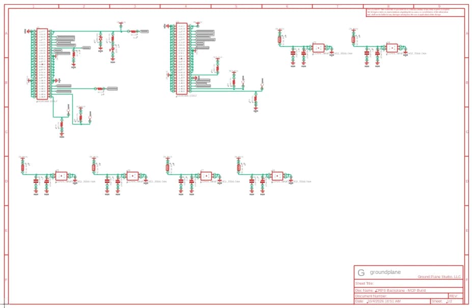 Block-style schematic of the CRPS backplane: each connector drawn with its passives wired to it, on a Groundplane sheet frame.