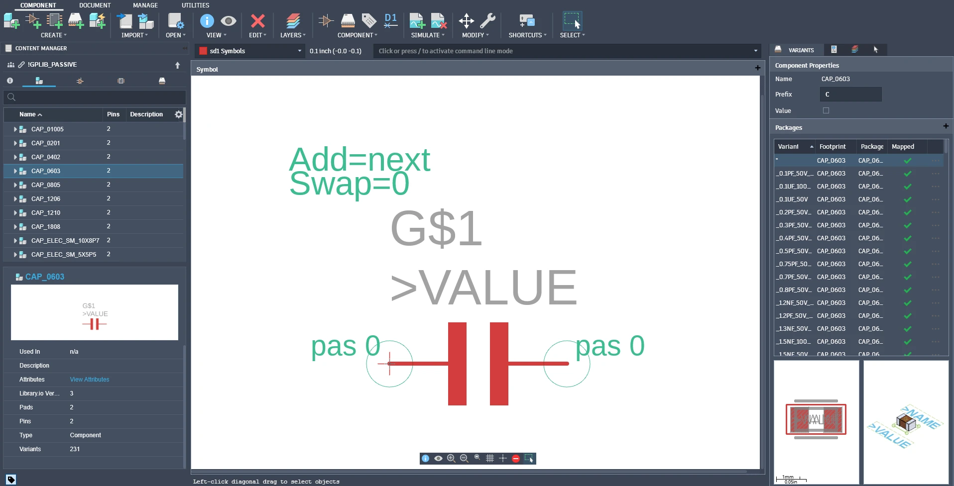 GPLIB_PASSIVE open in Fusion's library editor: CAP_0603 with its standard symbol and a variant per value.