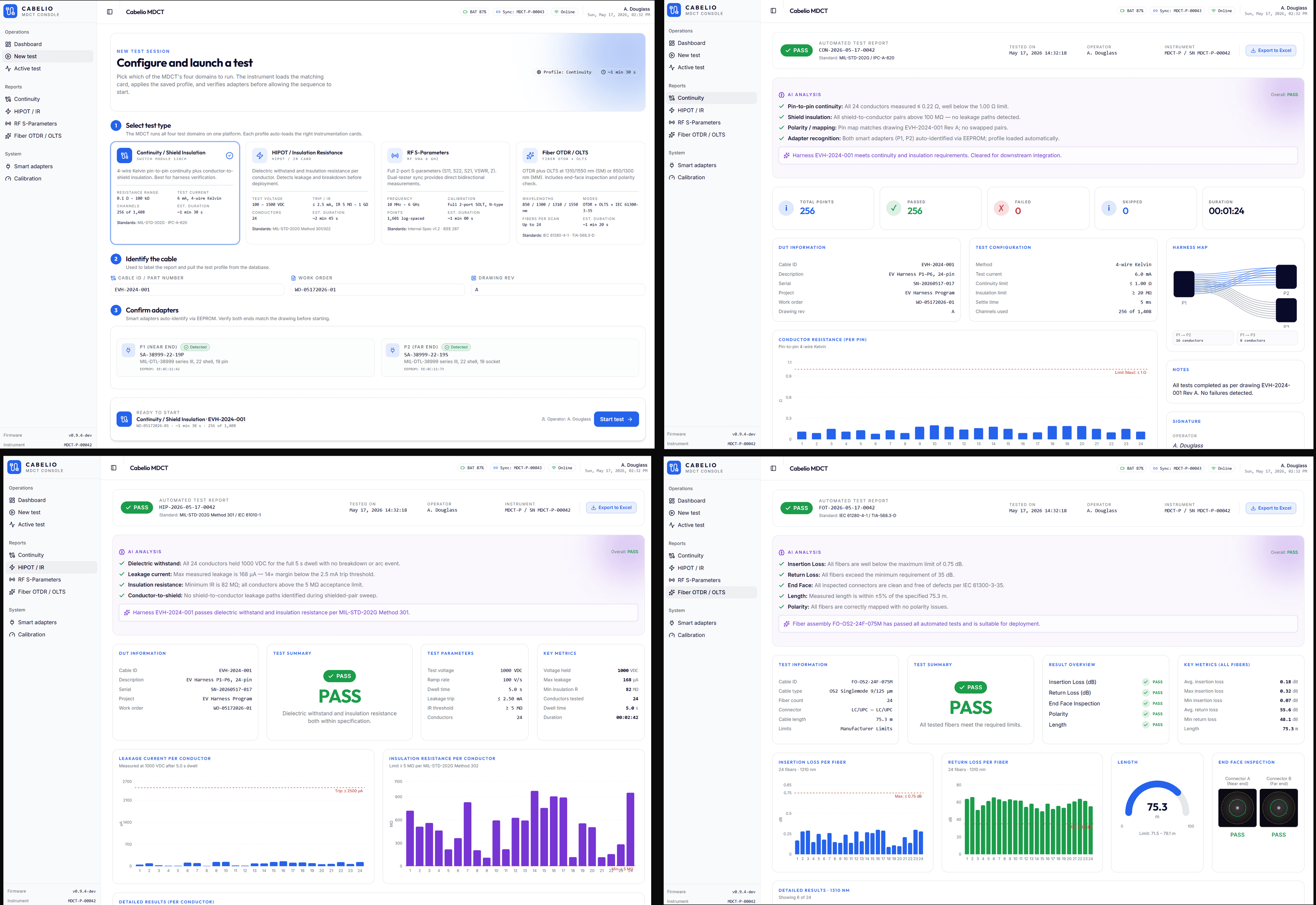 Operator UI mockups: continuity, hipot, and fiber report screens plus the GUI shell.
