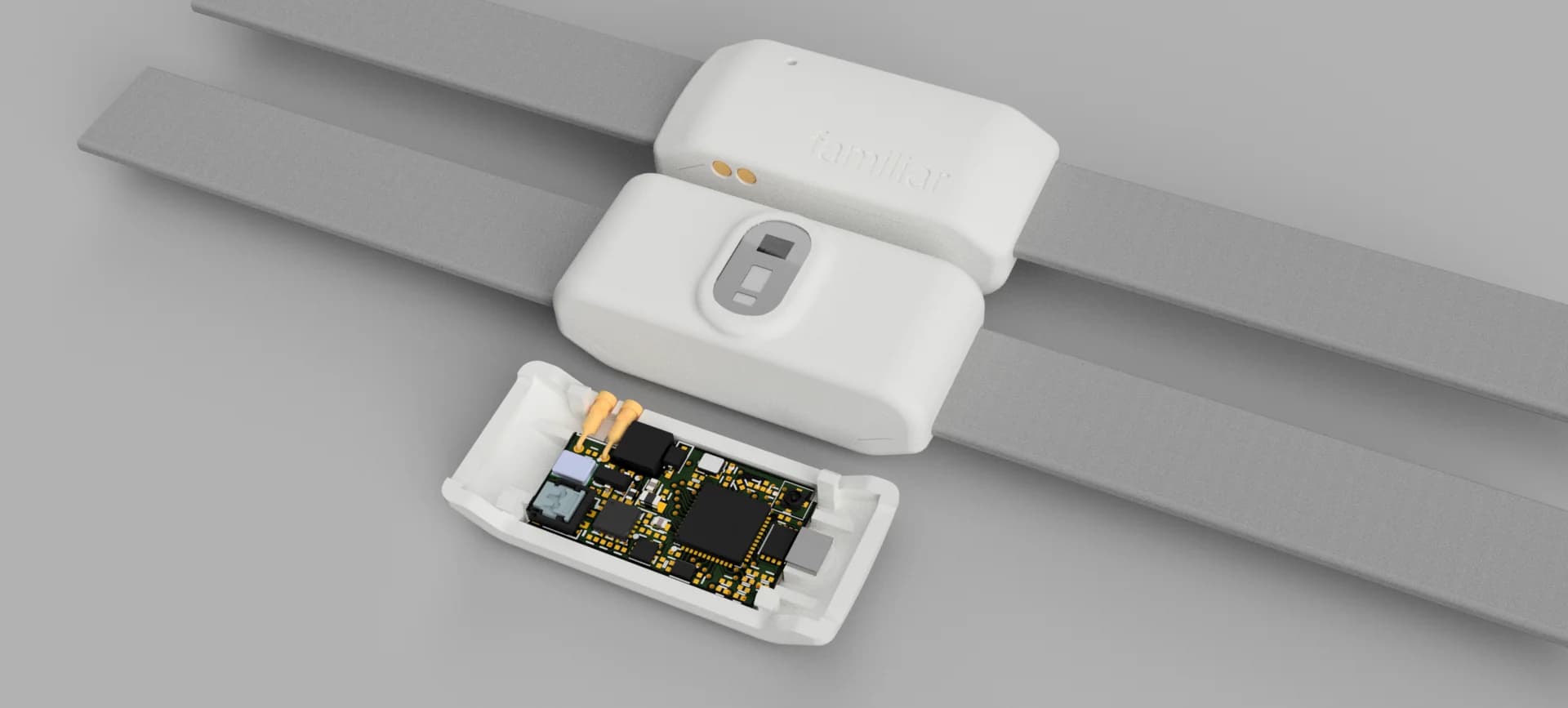 Smart cat collar render with PCB visible.