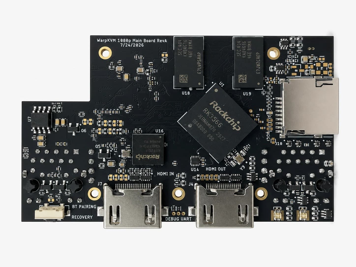 The first WarpKVM main board, 1080p, with a Rockchip RK3566 at the center