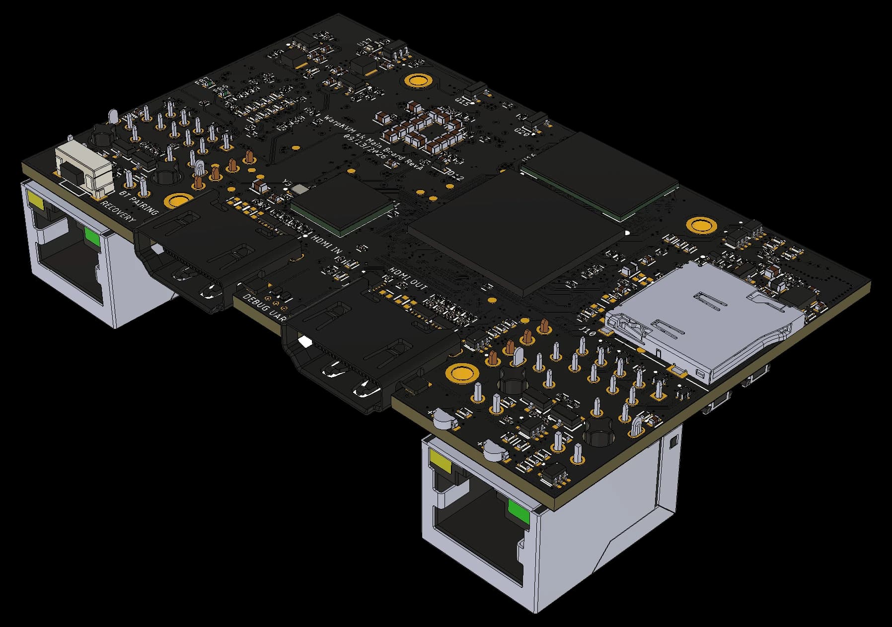 3D model of the WarpKVM 01 main board, RK3576 side: the SoC and LPDDR4X, HDMI in and out, microSD, the recovery switch and two Ethernet jacks.