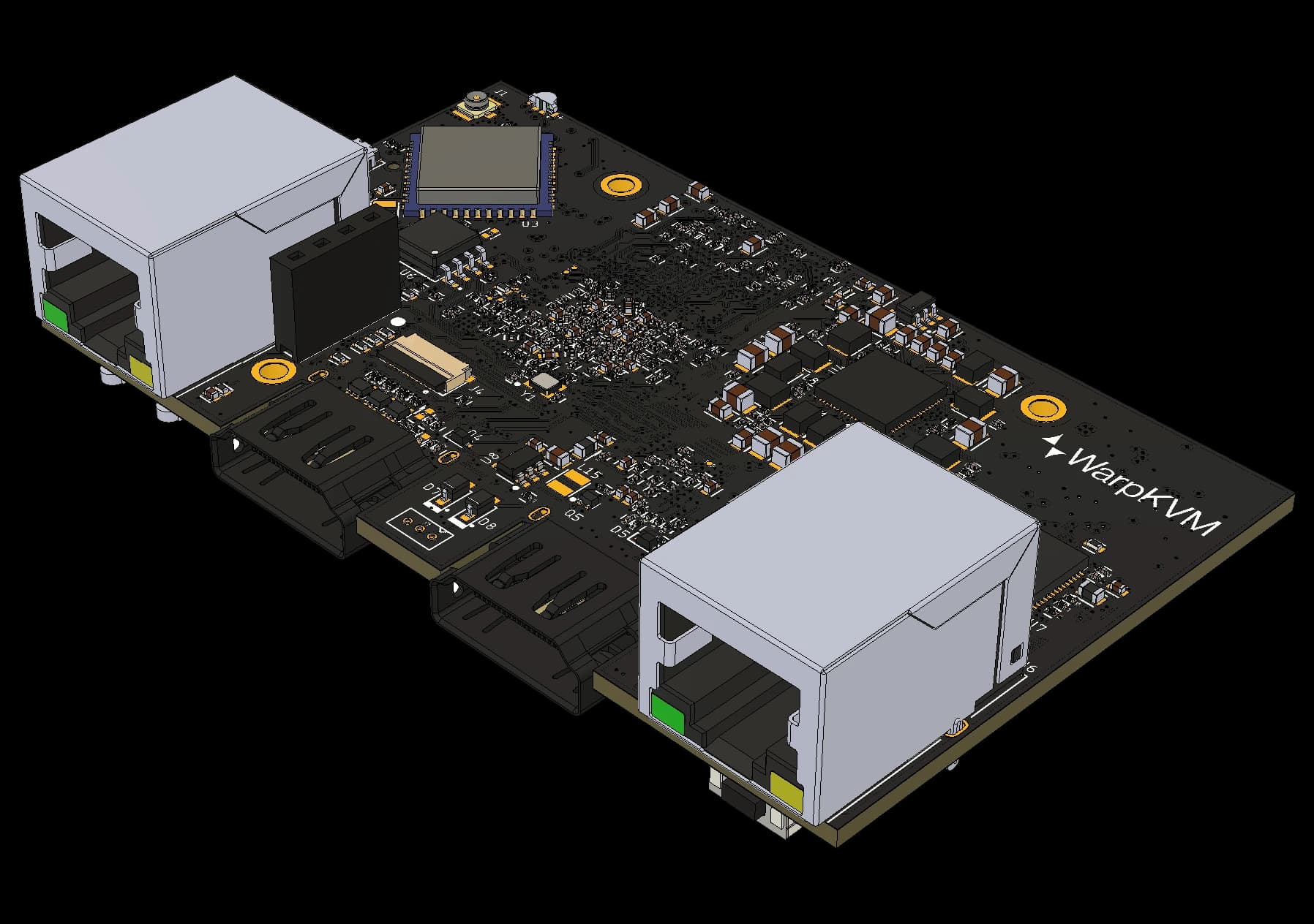 3D model of the WarpKVM 01 main board from the same angle, Wi-Fi side: the Wi-Fi and Bluetooth module, the Ethernet switch and the WarpKVM mark.