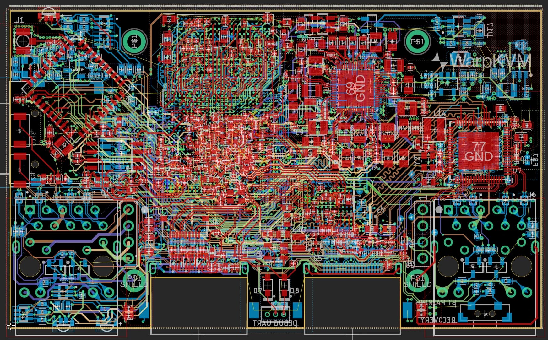 PCB layout of the WarpKVM 01 main board with all eight layers shown: the RK3576 and DDR at the center, HDMI in and out along the bottom edge, Ethernet at both lower corners.