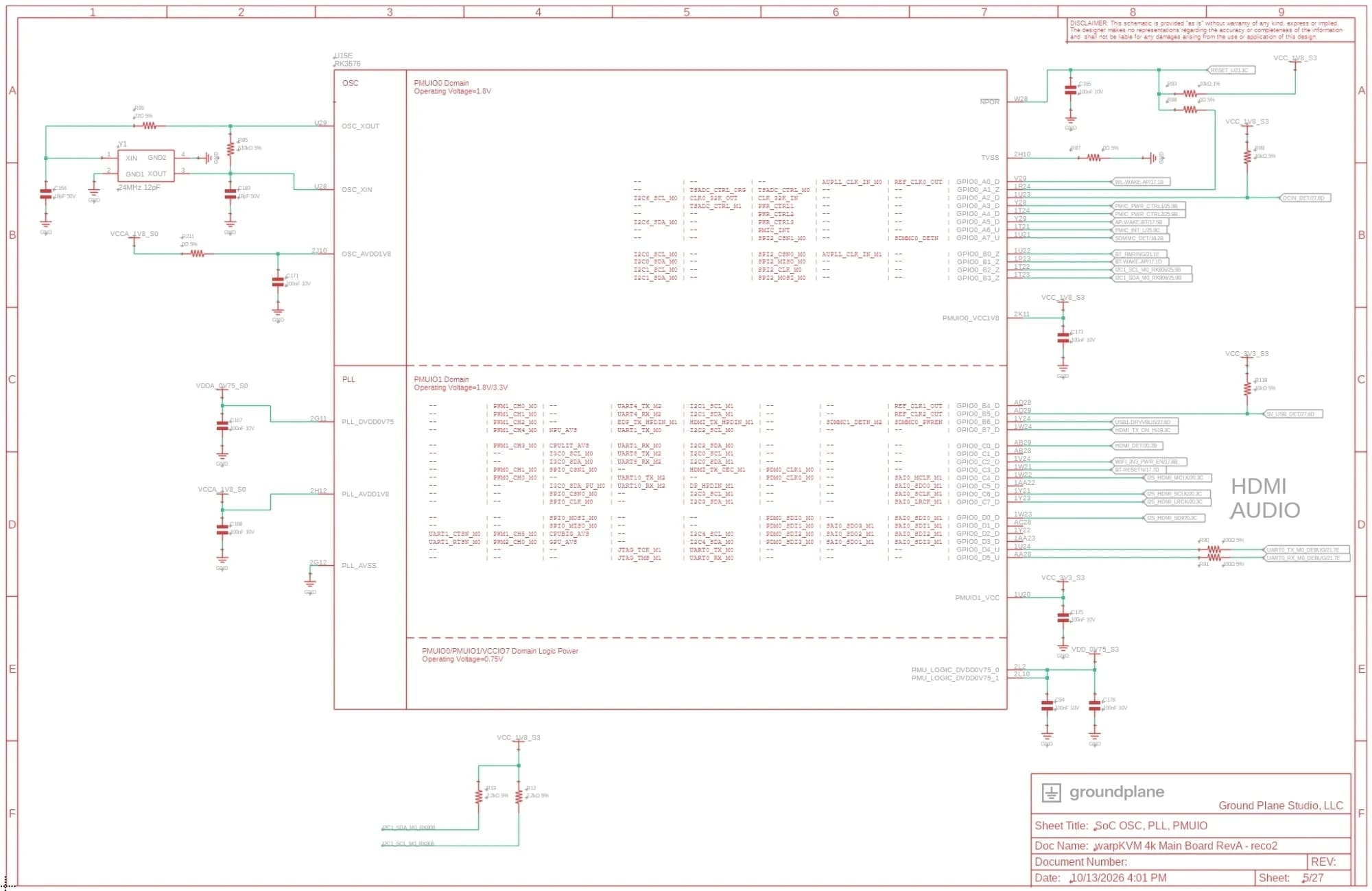 Schematic sheet for the RK3576 oscillator, PLL and PMU I/O domains, with every GPIO alternate function tabulated beside its pin.