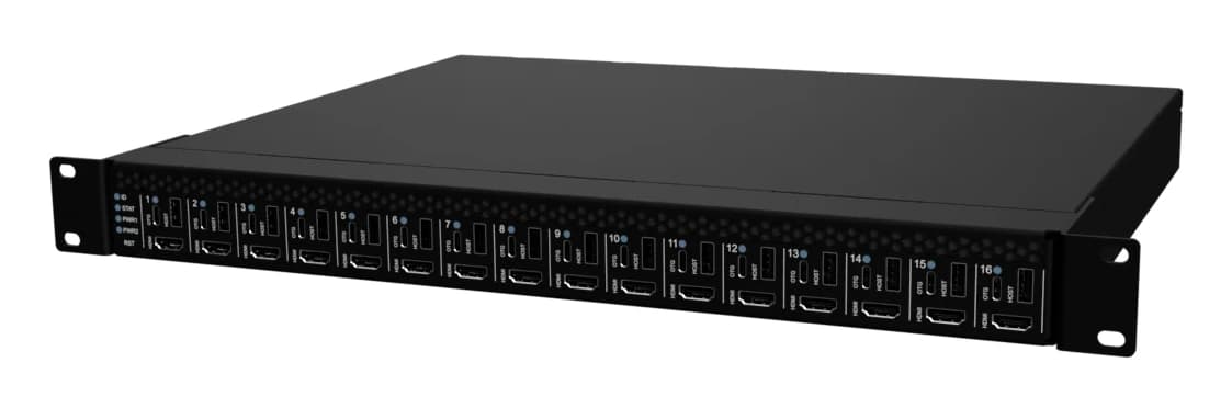 WK-1616-4K30-1U 16-port KVM chassis shown in three orthographic views.