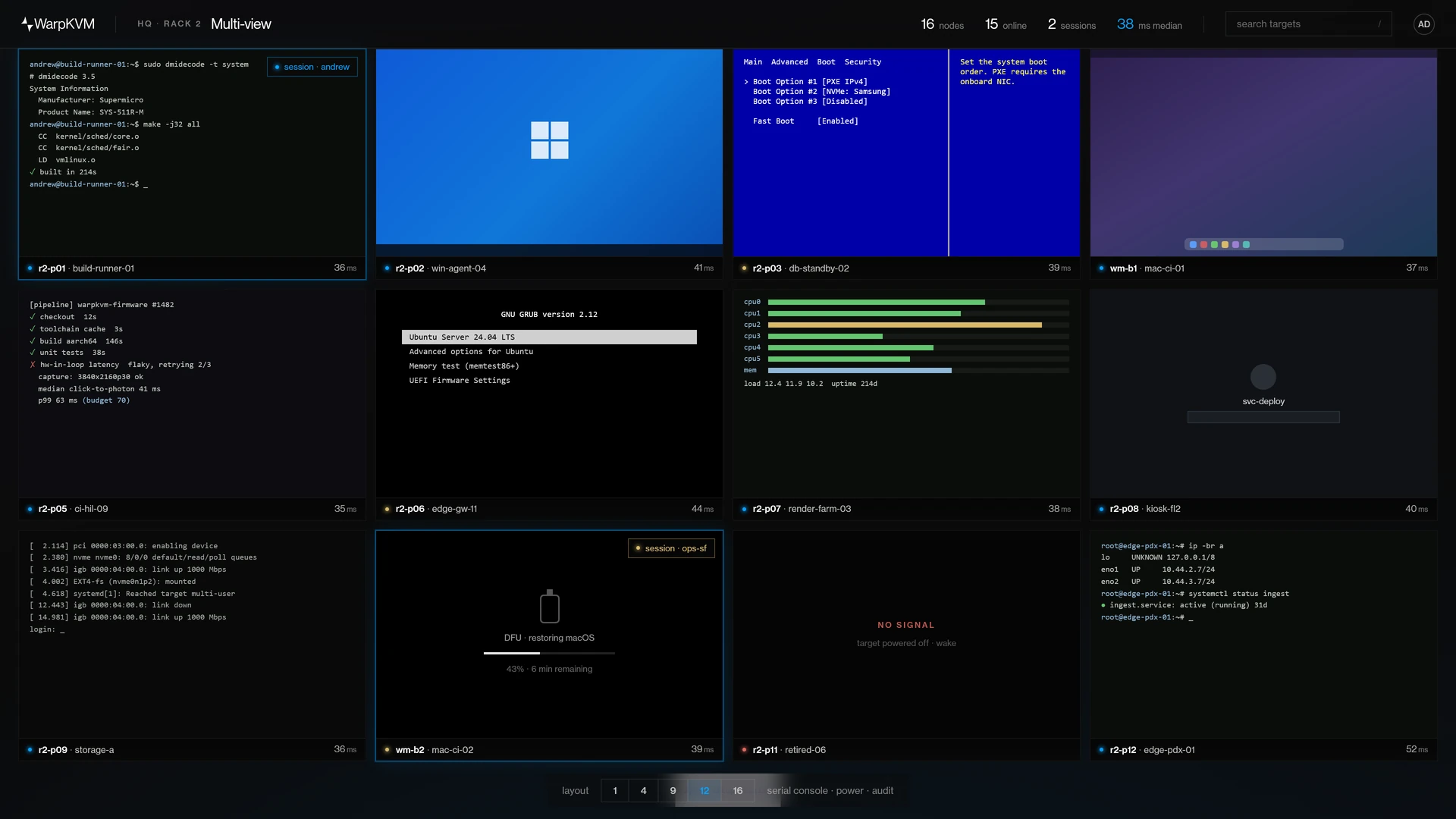 The WarpKVM browser console showing twelve targets in one multi-view grid.